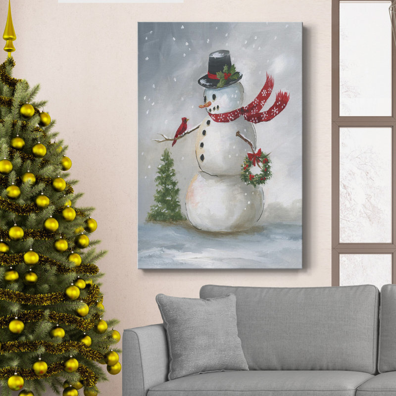 Bonhomme de neige et cardinal II, toile tendue avec châssis de qualité supérieure - prête à être accrochée