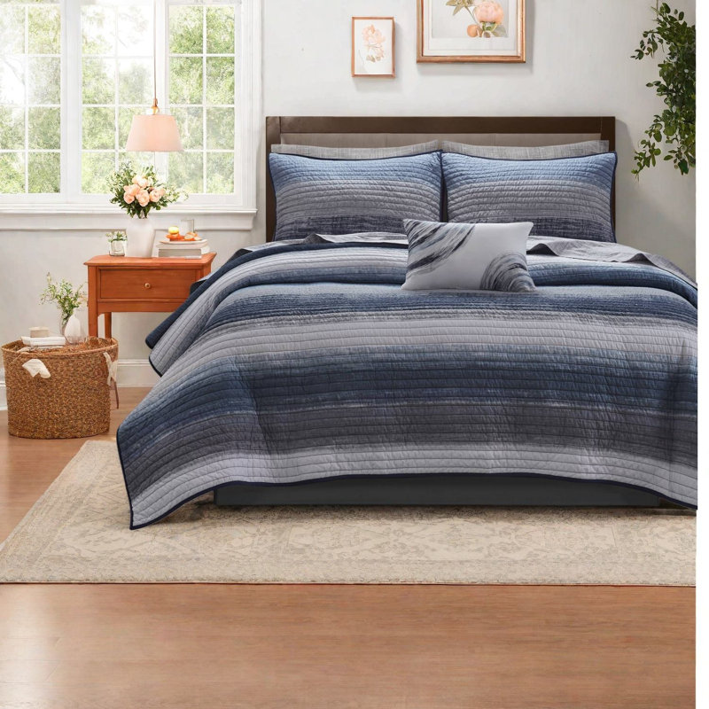Navy Queen Bedding Sets, Microfiber, Modern Striped Design For Home