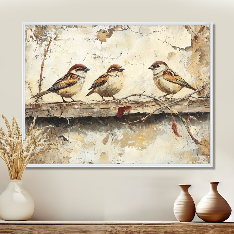 Bird Sparrows By The Farm House - art mural grand oiseau, 16" H x 32" W, Floater Framed, Blanc