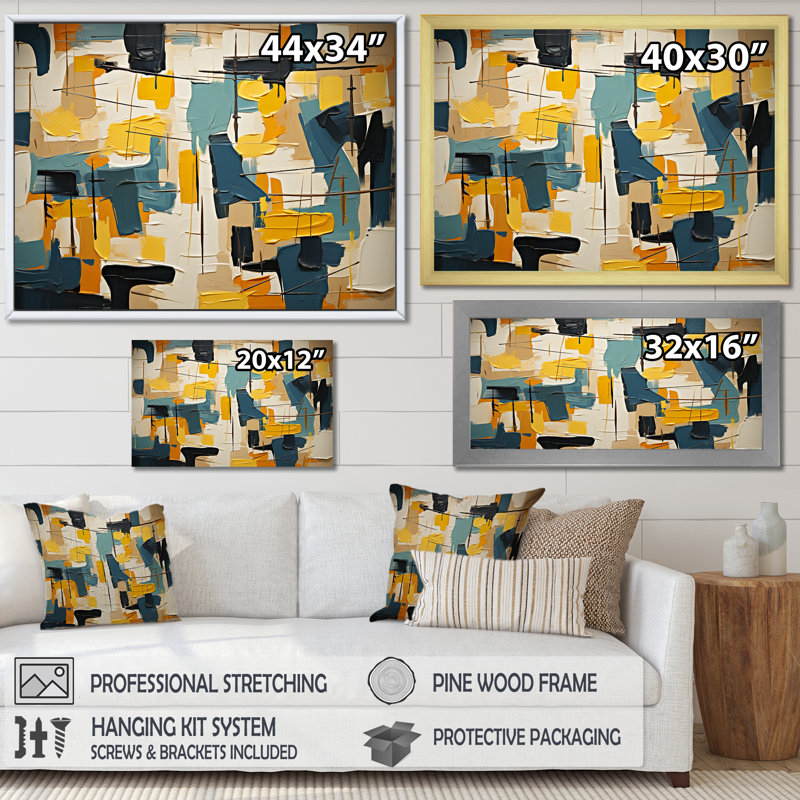 Expressionnisme abstrait carré - peinture abstraite murale, H 30 po x l 40 po x P 1,5 po, Cadre photo blanc
