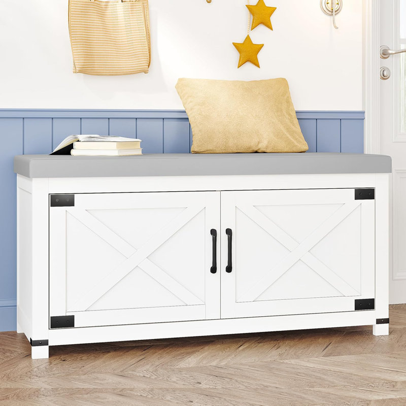 Farmhouse Shoe Storage Bench, 2 Tier Shoe Bench with Padded Seat Cushion & Barn Doors, Entryway Bench with Adjustable Shelf, Shoe Cabinet for Living Room, Bedroom