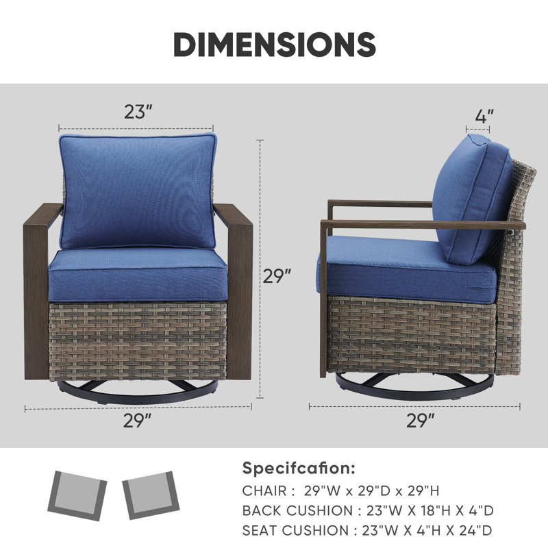 Fauteuils coulissants pivotants 4 pièces avec coussins et accoudoirs uniques en bois Drazen, Gris te bleu