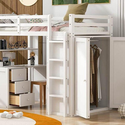 Lit mezzanine simple avec tiroirs, bureau et garde-robe - blanc