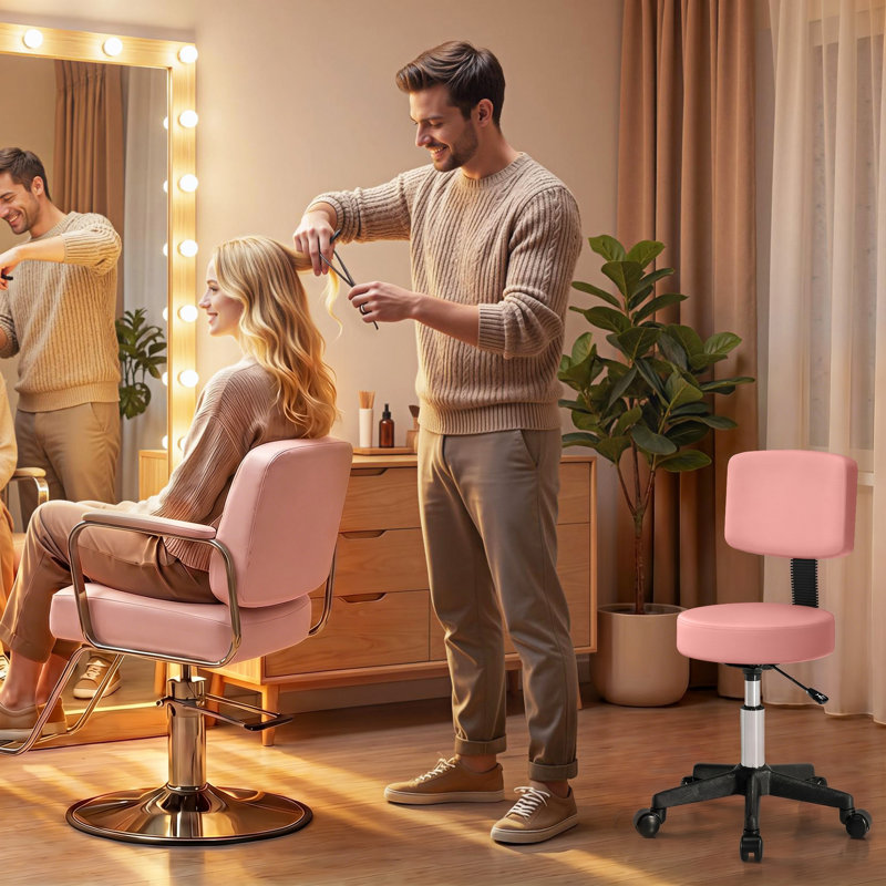Tabouret roulant avec roulettes, tabouret pivotant avec support pour le dos, rose
