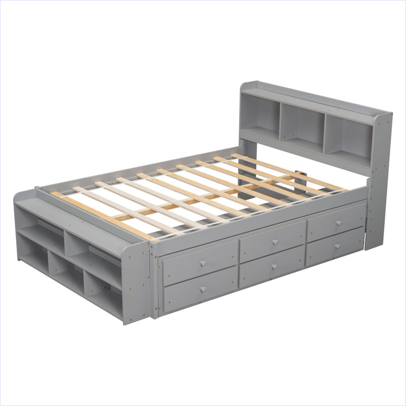 Lit double avec tête de lit bibliothèque, tiroirs de rangement sous le lit et étui de rangement, Gris