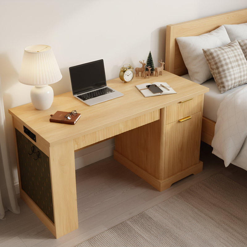  Bureau cannelé moderne 55 po avec station de charge, armoire de rangement et panneau perforé, chêne clair, Brun