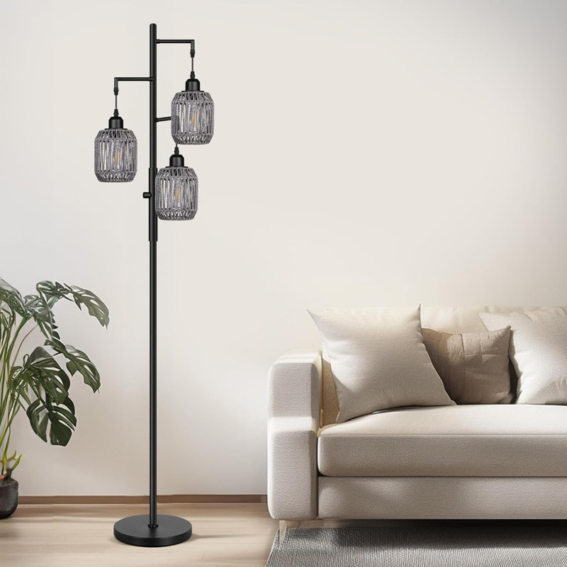 Dimmable Boho Floor Lamp - 3 Light Farmhouse Rattan Floor Lamp For Living Room, Industrial Tree Floor Lamps With 3 X 6W LED Bulbs, Rustic Standing Tall Lamp For Bedroom, 68", Black + Gray