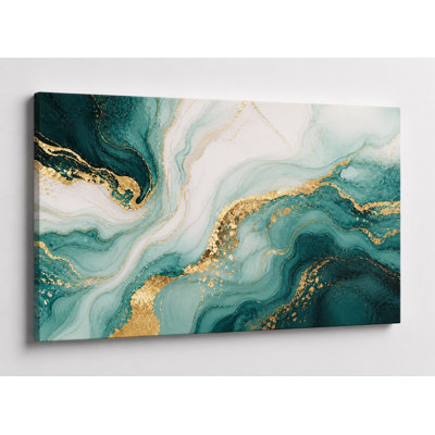 Grande toile abstraite de couleur bleu sarcelle et dorée, impression sur toile de marbre moderne, impression sur toile 24 x 36 pouces - prête à être accrochée