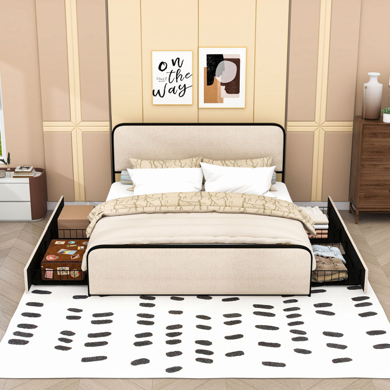 Metal Bed Frame with 4 Storage Drawers, King