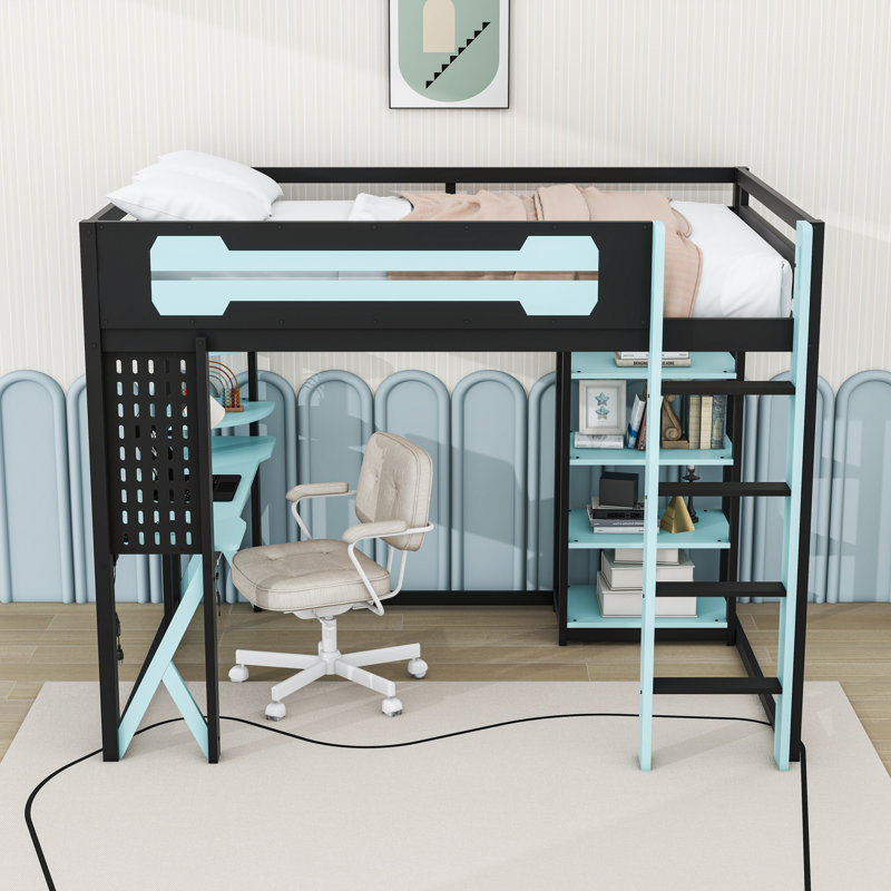 Full Wood Loft Bed with Desk, Shelves, LED Light and Power Outlet, Black Blue