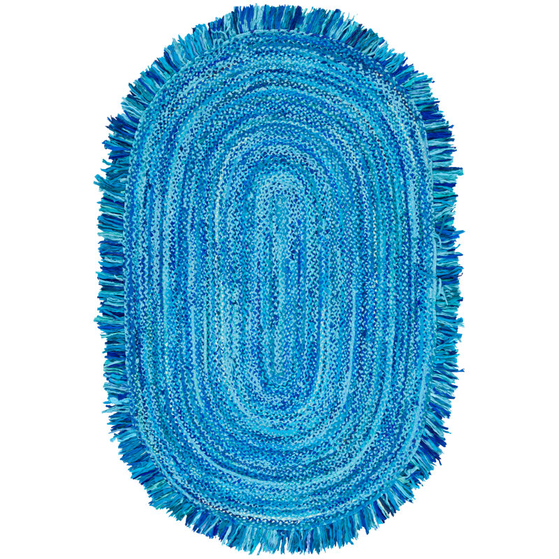 Handwoven Cotton Area Rug in Turquoise, Oval 5' x 8'
