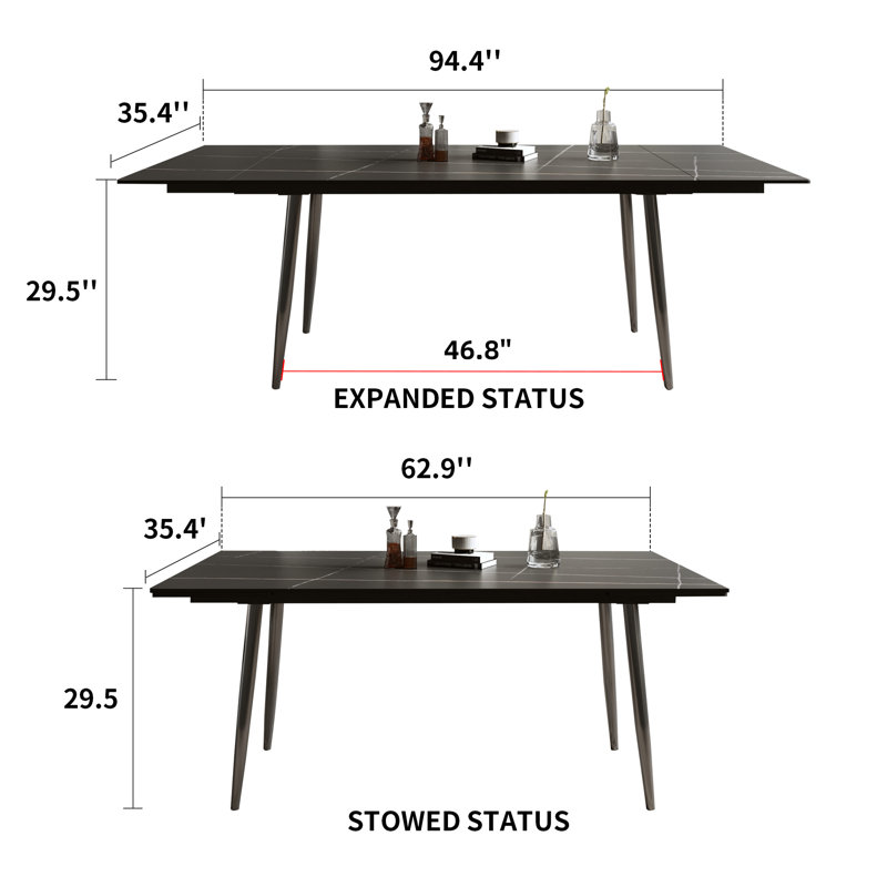 62.9" to 94.4" Extendable Dining Tables for 6 to 10 - Rectangle Black Dining Table