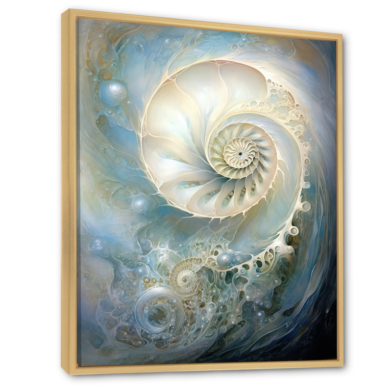 Nautilus perle bleue et blanche sur toile, Cadre naturel flottant, H 44 po x l 34 po x P 1,5 po