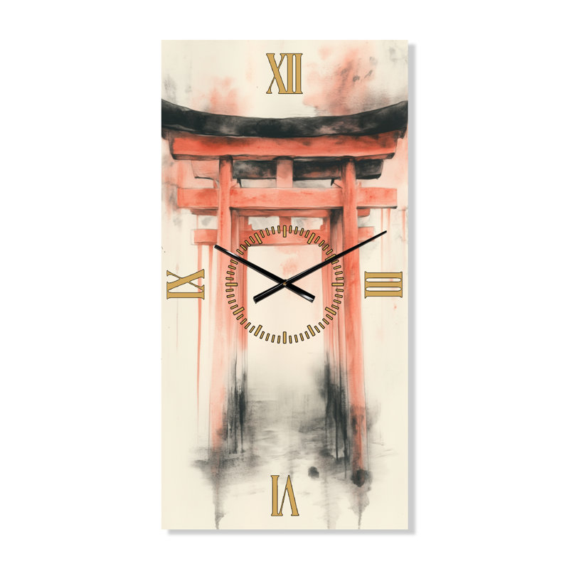 Horloge murale asiatique en métal Torii rouge calme - orange, H 32 po x l 16 po - Rectangle