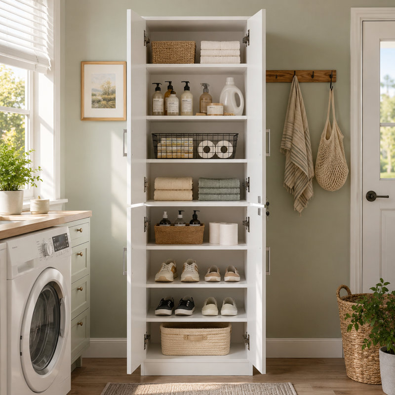 Armoire de vestibule haute blanche avec portes verrouillables - H 78,7 po, ensemble anti-basculement
