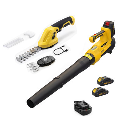 2-Piece Rechargeable Yard Tool Set, Variable Speed 20V Leaf Blower with Dual 2.0Ah Batteries + 7.2V Handheld Grass Shear, Yellow