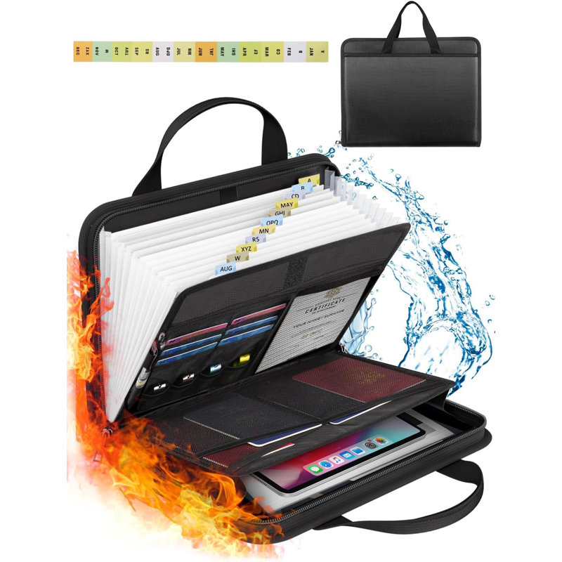 Fireproof Expanding File Folder Storage Box with Zipper Labels 13 Pockets