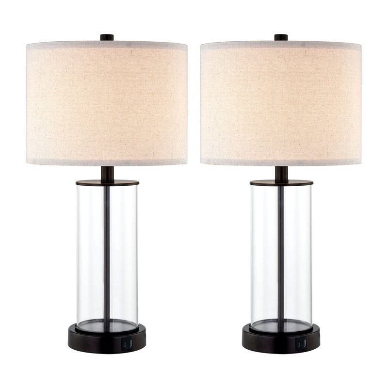 Quinita 23"  Glass Table Lamp Set with Touch Control,  LED Bulbs, USB Ports, Black