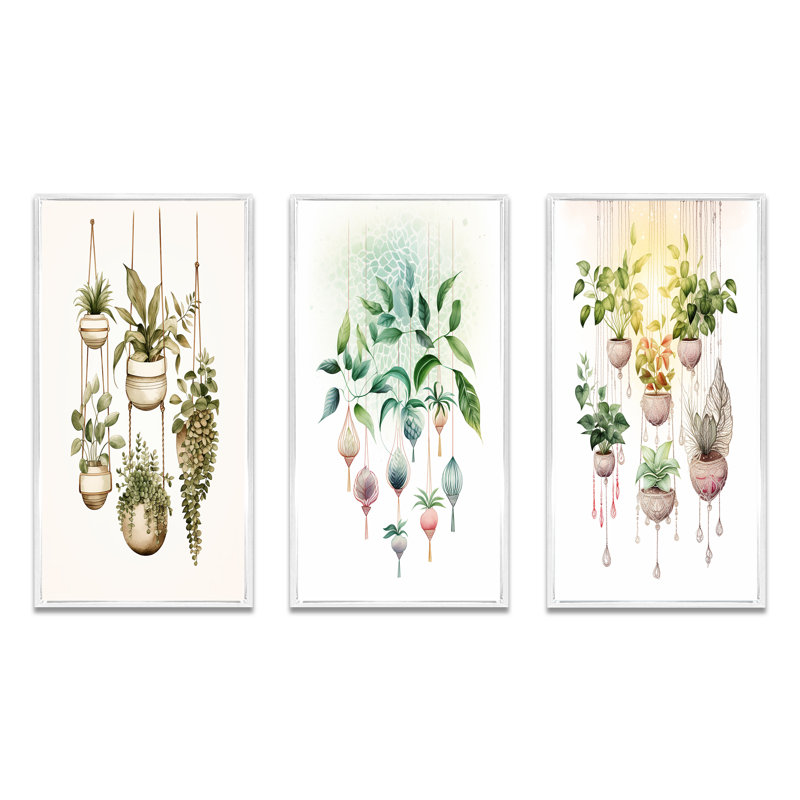 «Hanging Decorative Botanical Boho Plants VI», 3 pièces sur toile, Cadre flottant blanc, H 32 po x l 48 po