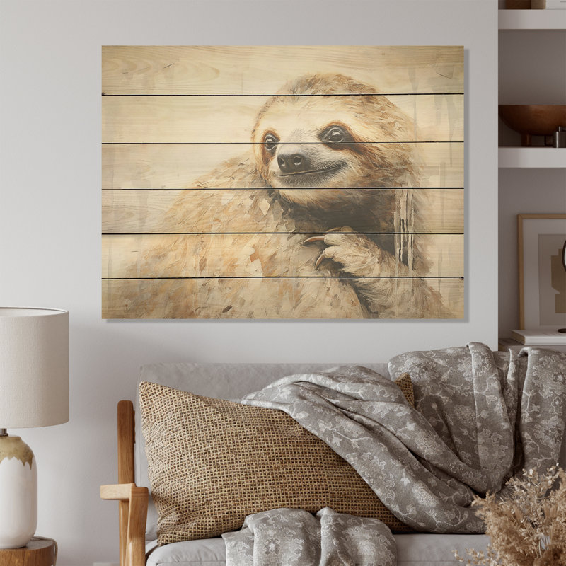«Thoughtful Sloth I - Paresseux, art sur bois de pin naturel, H 30 po x l 40 po