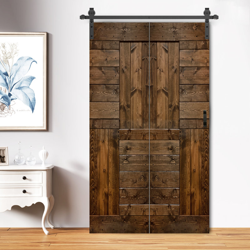 Porte à deux branches en bois massif en forme de S avec rail de quincaillerie - Assemblage requis, 30 po x 84 po, Noyer foncé