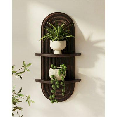 2 Pack Boho Wall Plant Shelf Walnut Wood Mid‑Century Modern for Bedroom Living Room Hanging Planter Display