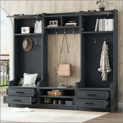 4-In-1 Detachable Hall Tree With Storage And 7 Hooks, Multiple Functions Hallway Coat Rack With Storage Drawers And Cabinet, Shoe Bench For Entryway Hallway