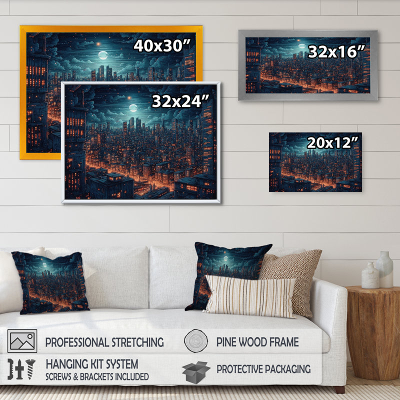 «Blue and Orange Elegance In Expanse», reproduction sur toile encadrée, H 24 po x l 32 po x P 1 po, Cadre flottant noir