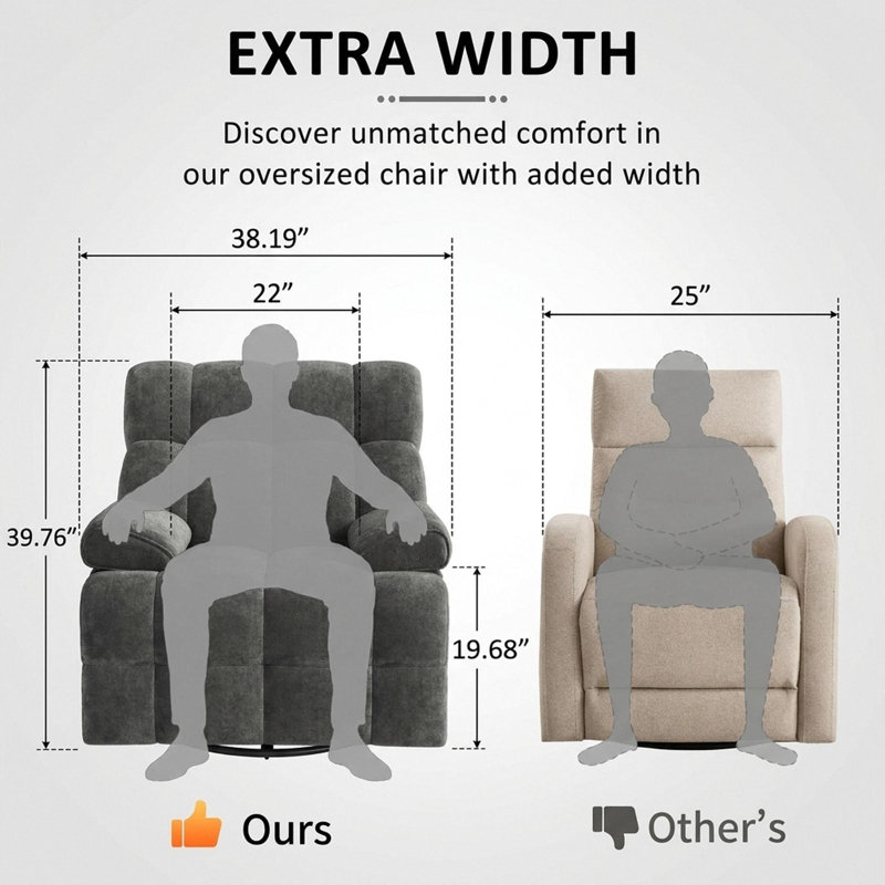 38.19" Wide Chenille Modern Upholstered Manual Swivel Recliner, Standard Recliner, Widened Width, 360° Swivel and Tuxedo Armrests