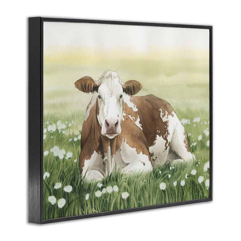 «Cow & Meadow Blossoms», art de la giclée encadrée par Grace Popp, H 11 po x l 14 po, Giclée encadrée noir minuit