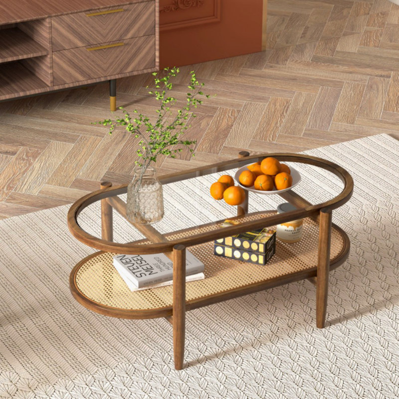 Table basse à 2 niveaux avec plateau en verre trempé et structure en bois d'acacia