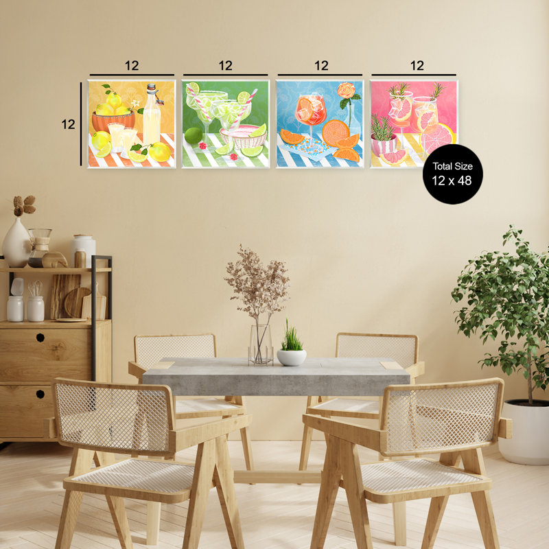 " Cocktails & Lemons on Stripes " 4 Piece Art Graphic Art Set