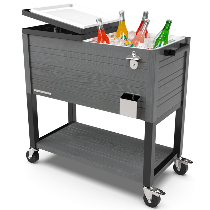 Permasteel 80-Qt Outdoor Rolling Patio Cooler on Wheels Woodgrain Style, Gray