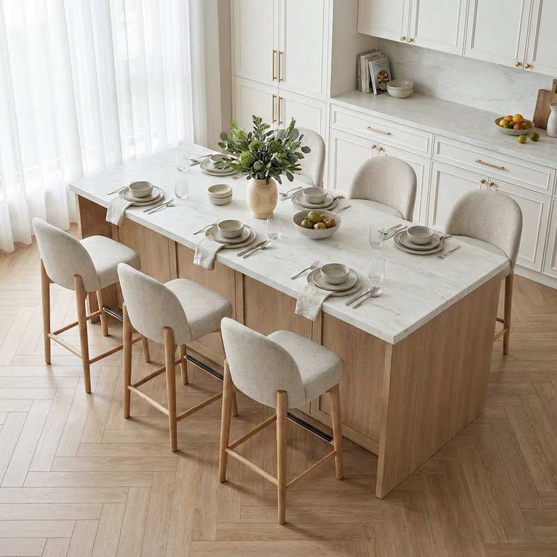 Tabourets de comptoir rembourrés en mélange de lin avec pieds en bois massif, Beige