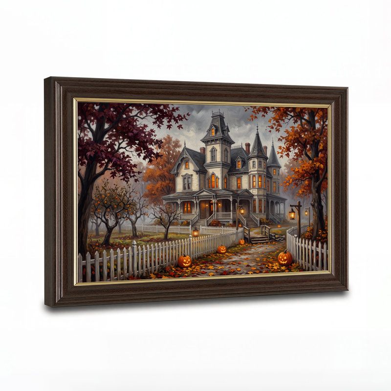 Toile victorienne avec feuilles d'automne et Jack O Halloween, H 16 po x l 24 po