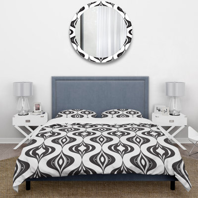 Ensemble de housse de couette noir et blanc Midcentury Ogee Print I - Midcentury