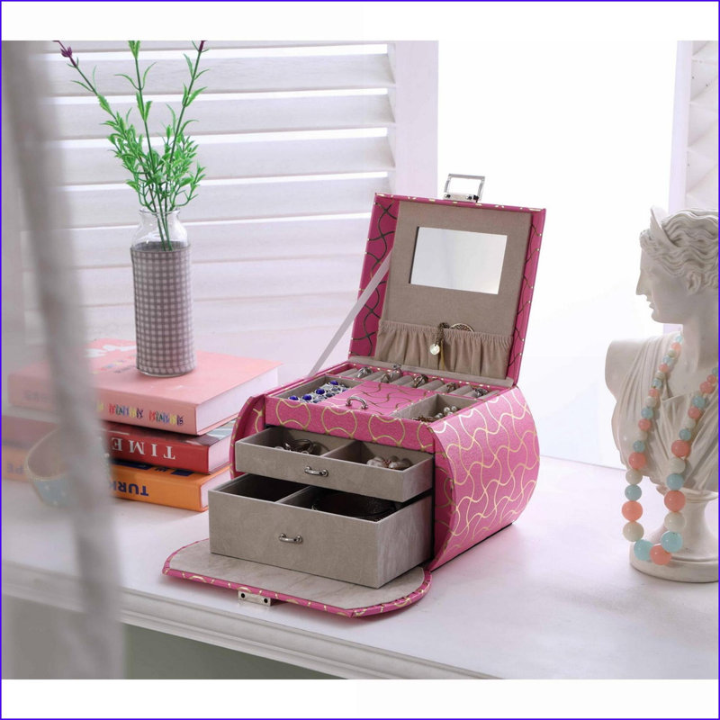 Boîte à bijoux avec miroir et amp; Compartiments | Rose vif | Similicuir texturé