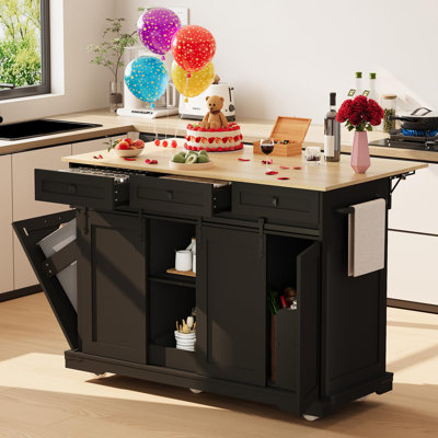  54" Kitchen Island&Drop Leaf&Power Outlet Large Rolling Cart&Trash Cabinet, 2 Sliding Barn Doors, 3 Drawers Mobile Island Table&Spice Rack&Towel Rack
