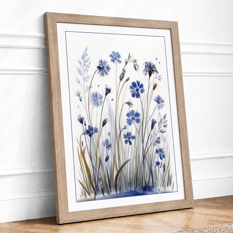 Blue Wildflower Study Botanical - Framed Print, A2 - 59.4 x 42.0 cm, Oak