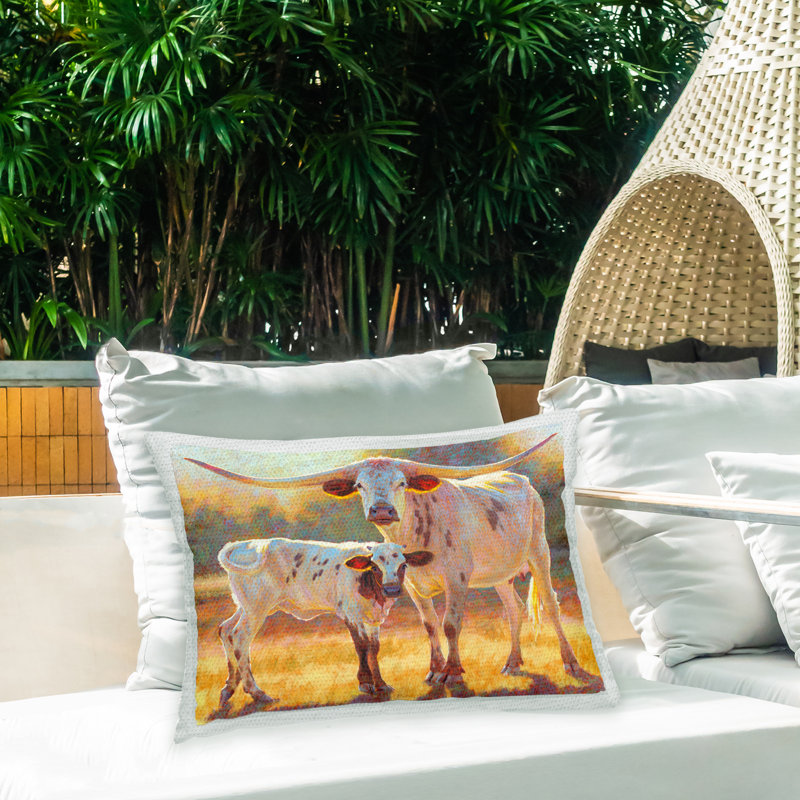 Longhorn & Calf Outdoor Printed Pillow by Rita Kirkman
