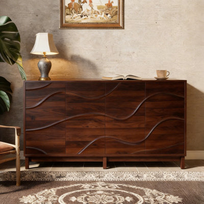 Modern Art Solid Wood Sideboard Buffet Cabinet, 59"×16"×35", Wave Relief Design With Walnut Texture, Black Iron Legs, Large-Capacity Storage For Living Room/Dining Room, Easy Assembly
