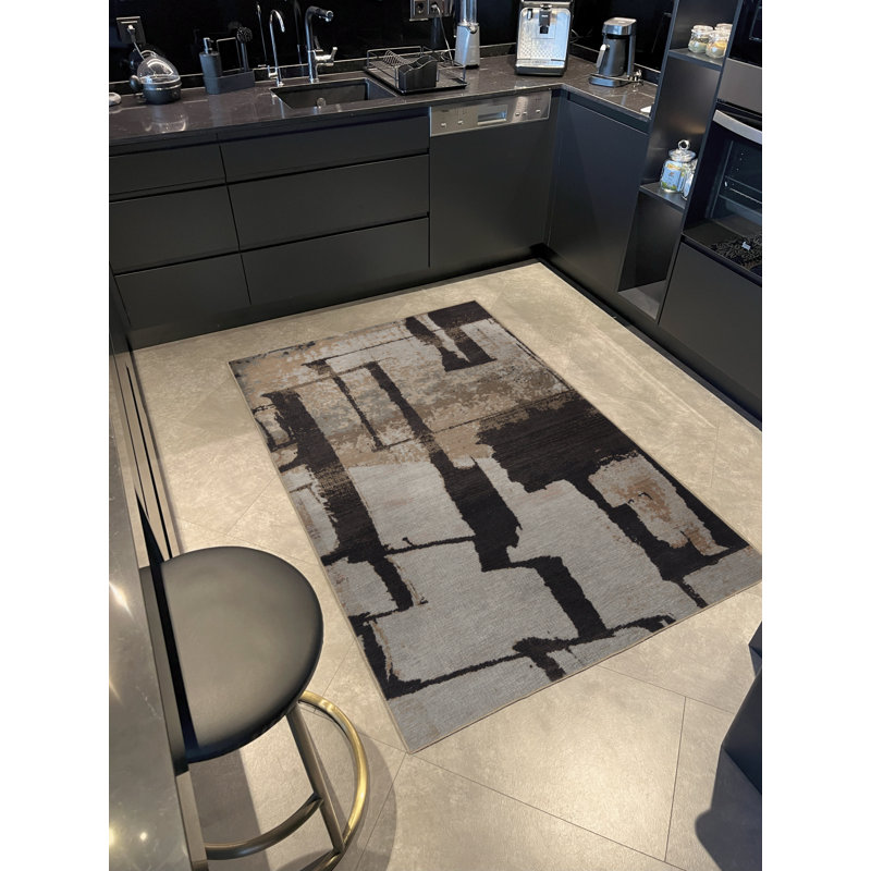 Tapis décoratif moderne à motif abstrait noir et beige, Rectangle 4 pi 11,06 po x 9 pi 10,11 po