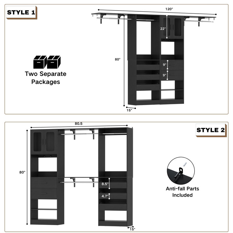 80"-120" Closet System With Door And Wooden Drawers（Adjustable Width）