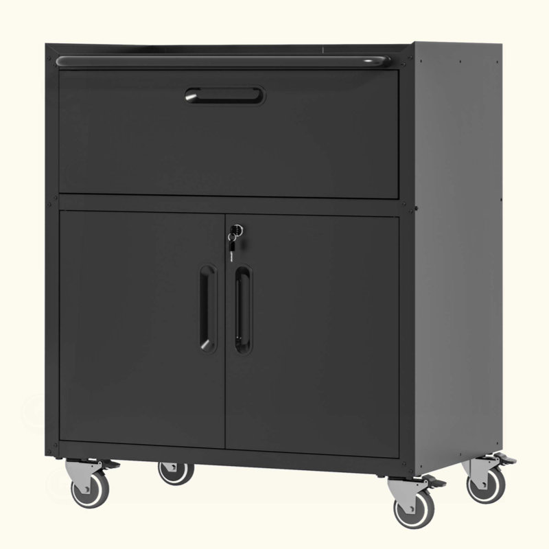 Armoire à outils en métal robuste et durable pour le garage avec roues - Armoire de rangement mobile robuste avec 1 tiroir et 2 portes verrouillables, armoire de rangement à outils roulante