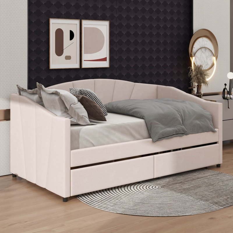 Upholstered Twin Size Daybed With Two Drawers, Beige