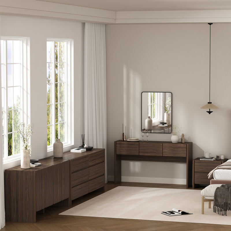 Linda 60" Modern Console Table with 3 Drawers in Walnut Brown, Gray