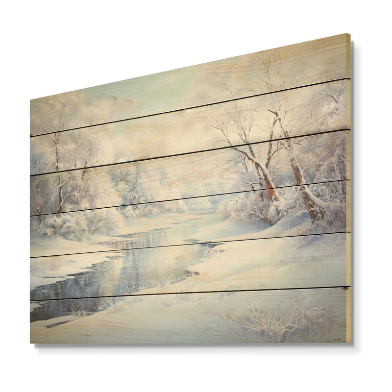 Winter River Snow Charm Landscape IV - Neige, art sur bois de pin naturel, H 30 po x l 40 po