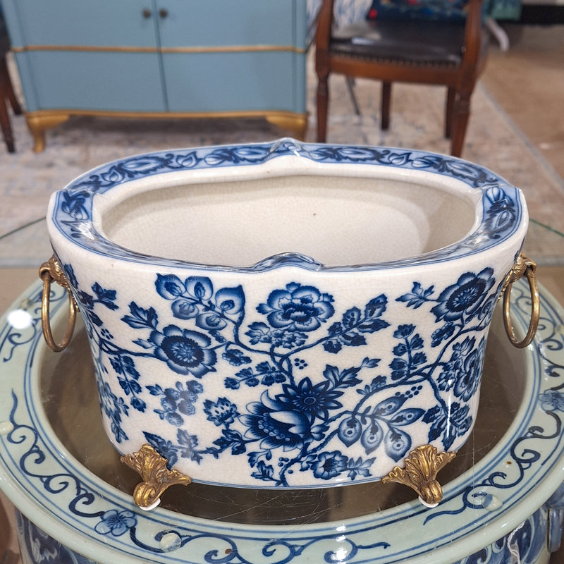 Porcelain Oval Planter With Bronze Ormolu Blue And White Flower