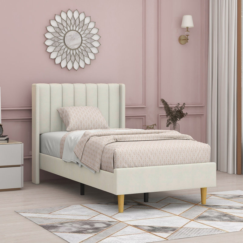 Eriksay Low Profile Upholstered Platform Bed with Wingback Headboard, Cream Velvet, Twin