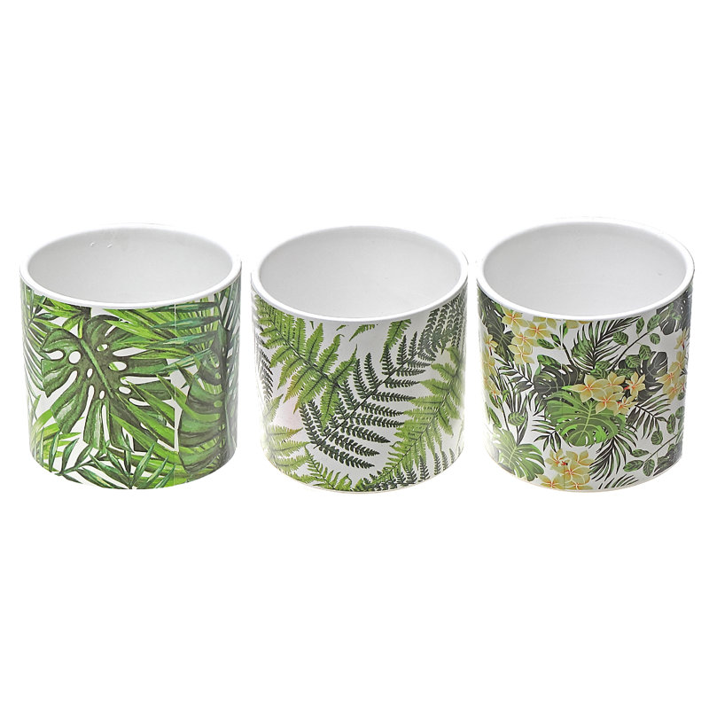 Set of 3 Green Leaf Design Ceramic Planters